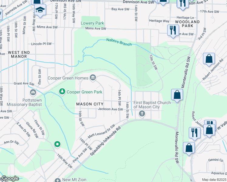 map of restaurants, bars, coffee shops, grocery stores, and more near 1817 14th Way Southwest in Birmingham