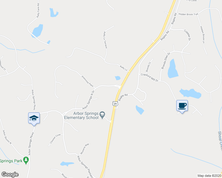 map of restaurants, bars, coffee shops, grocery stores, and more near 30 Arbor Springs North Drive in Newnan