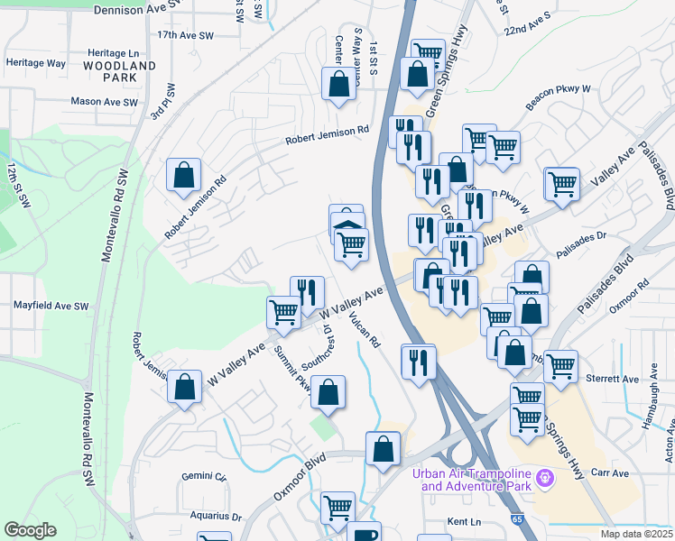 map of restaurants, bars, coffee shops, grocery stores, and more near 5548 Hampton Heights Drive in Birmingham