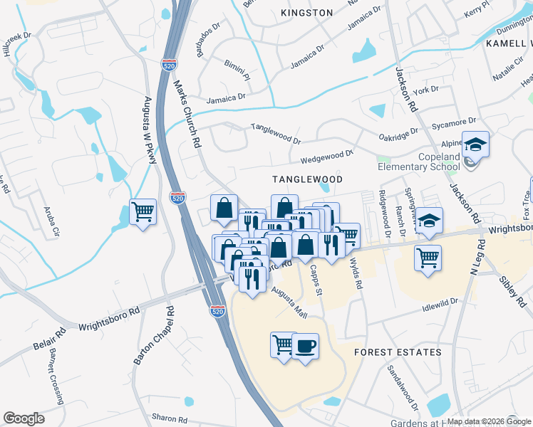 map of restaurants, bars, coffee shops, grocery stores, and more near 1411 Marks Church Road in Augusta