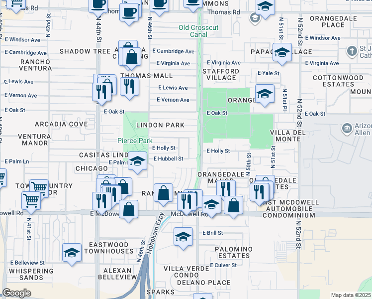 map of restaurants, bars, coffee shops, grocery stores, and more near 4709 East Hubbell Street in Phoenix