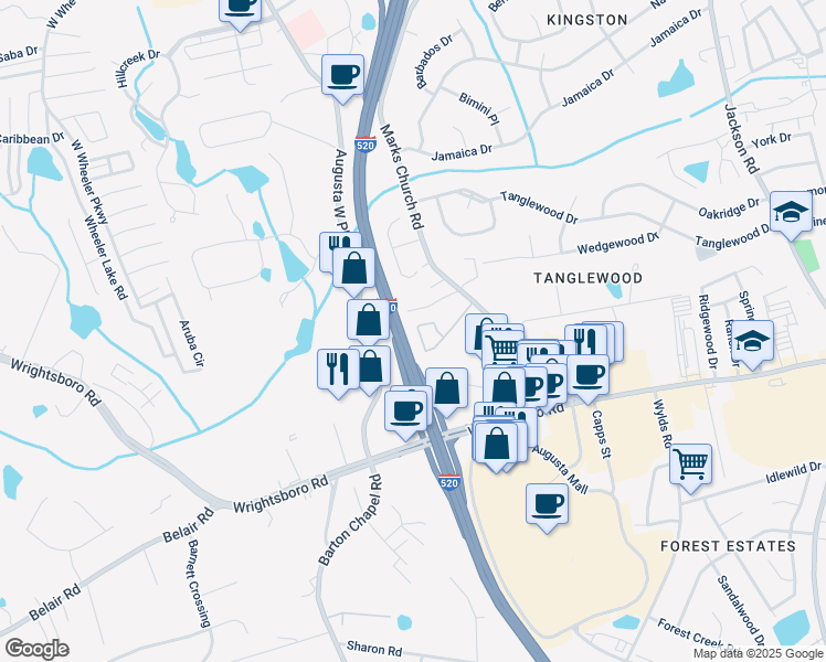 map of restaurants, bars, coffee shops, grocery stores, and more near 1315 Marks Church Road in Augusta