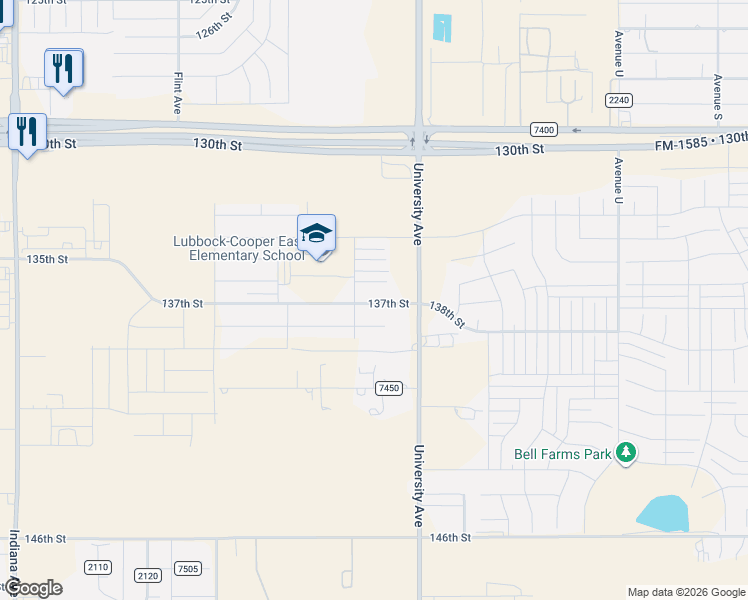 map of restaurants, bars, coffee shops, grocery stores, and more near 13000-13998 University Avenue in Lubbock