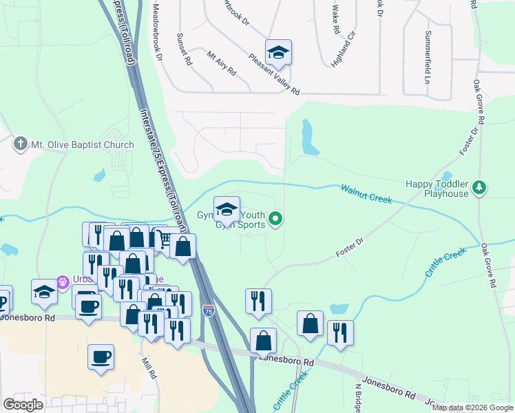 map of restaurants, bars, coffee shops, grocery stores, and more near 136 Janney Circle in McDonough