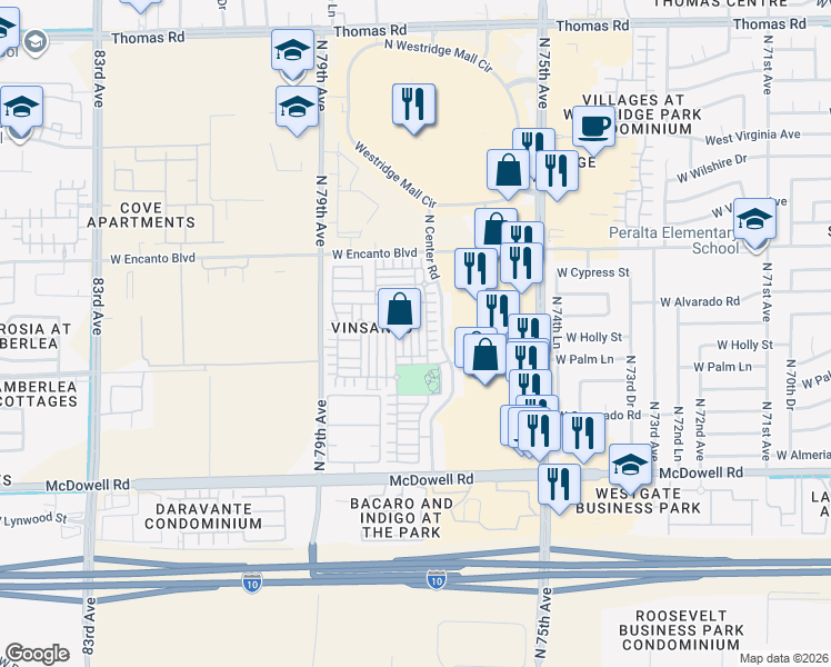 map of restaurants, bars, coffee shops, grocery stores, and more near 7730 West Palm Lane in Phoenix