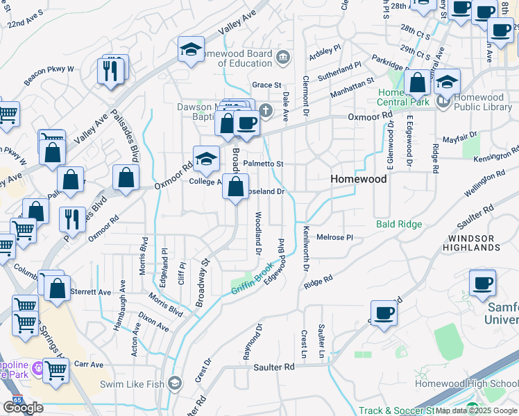 map of restaurants, bars, coffee shops, grocery stores, and more near in Birmingham