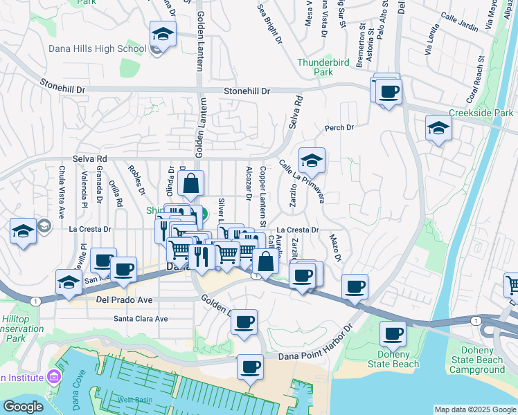 map of restaurants, bars, coffee shops, grocery stores, and more near 33962 Alcazar Drive in Dana Point