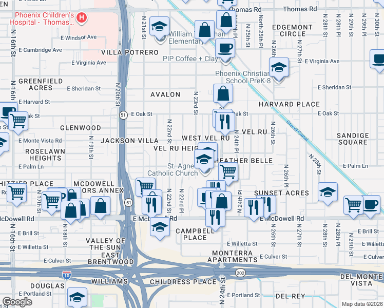 map of restaurants, bars, coffee shops, grocery stores, and more near 2046 North 22nd Place in Phoenix