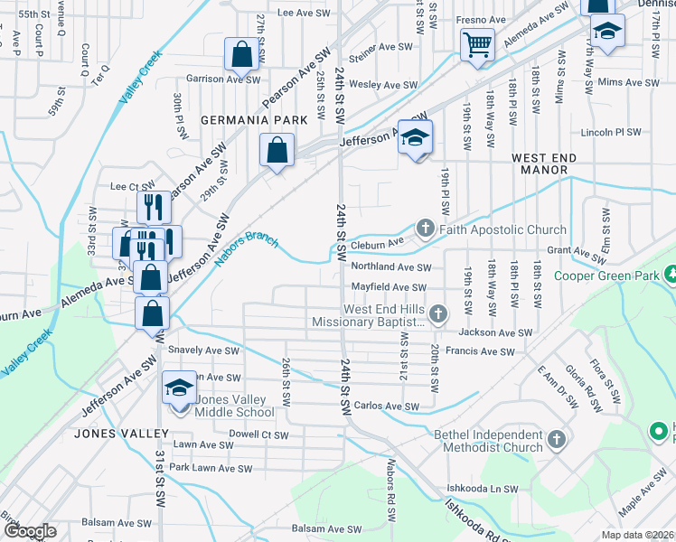 map of restaurants, bars, coffee shops, grocery stores, and more near 2224 Northland Avenue Southwest in Birmingham