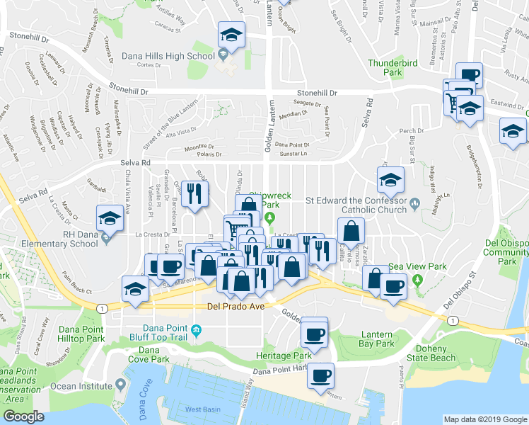 map of restaurants, bars, coffee shops, grocery stores, and more near 33901 Golden Lantern Street in Dana Point