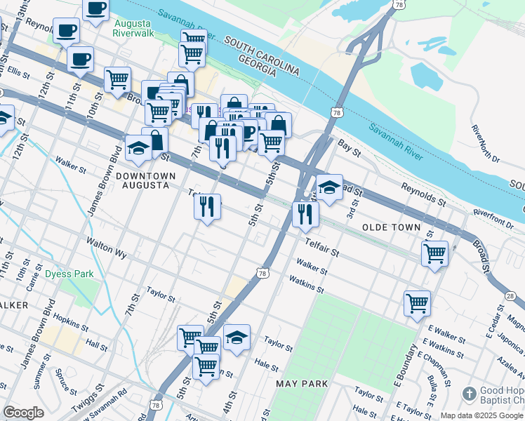 map of restaurants, bars, coffee shops, grocery stores, and more near 506 Greene Street in Augusta