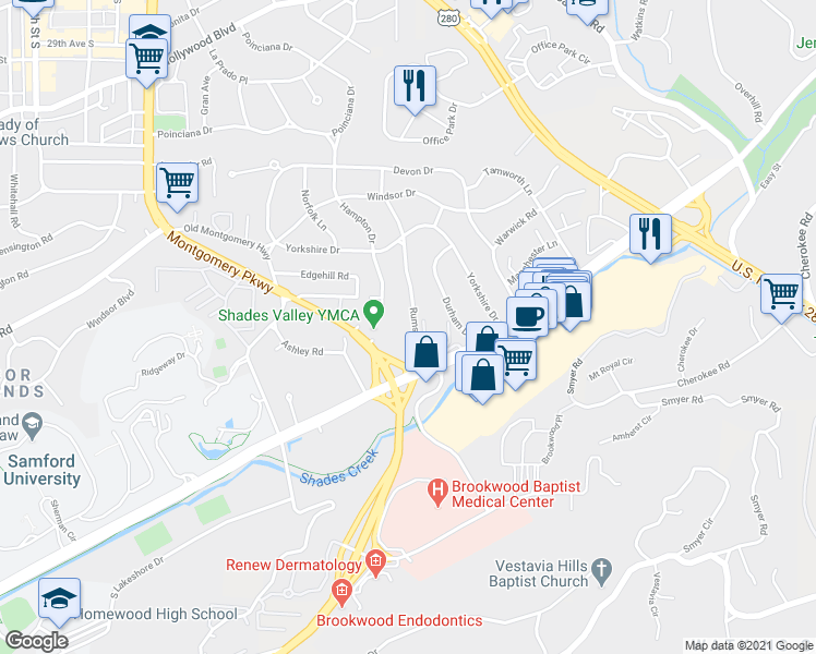 map of restaurants, bars, coffee shops, grocery stores, and more near 656 Rumson Road in Birmingham