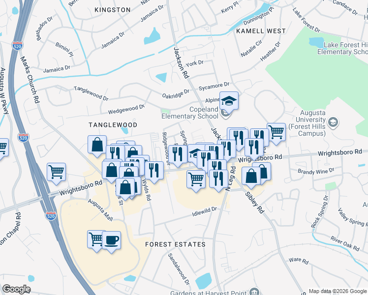 map of restaurants, bars, coffee shops, grocery stores, and more near 1410 Springview Drive in Augusta