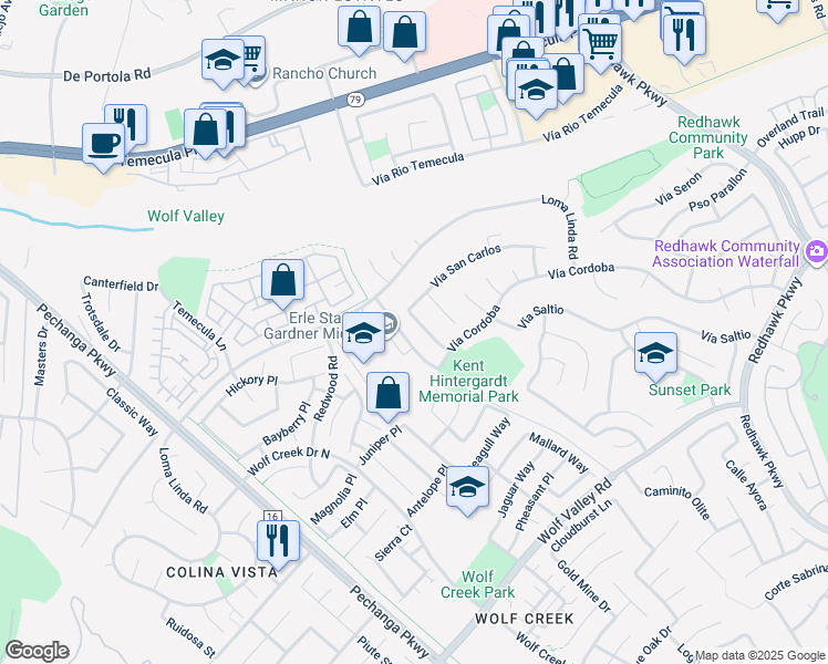 map of restaurants, bars, coffee shops, grocery stores, and more near 45129 Via Quivera in Temecula