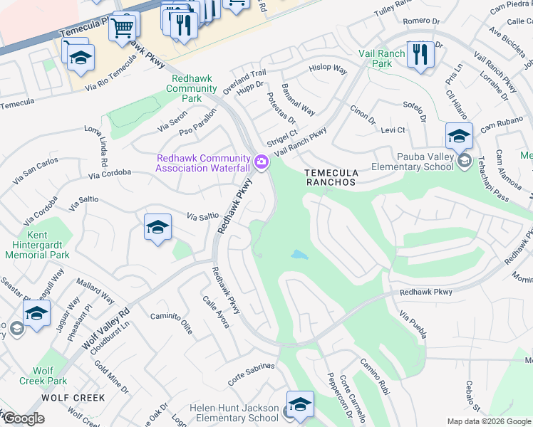 map of restaurants, bars, coffee shops, grocery stores, and more near 45370 Vista Verde in Temecula
