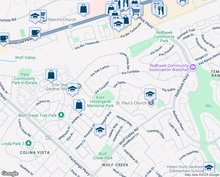 map of restaurants, bars, coffee shops, grocery stores, and more near 31647 Vía Saltio in Temecula