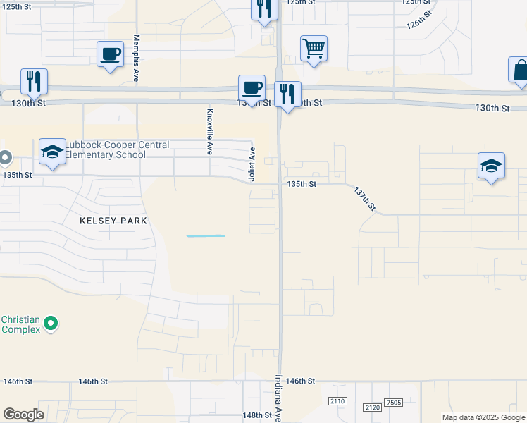 map of restaurants, bars, coffee shops, grocery stores, and more near 3602 135th Street in Lubbock