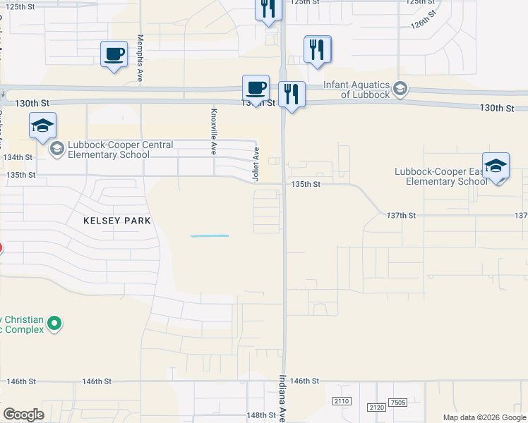 map of restaurants, bars, coffee shops, grocery stores, and more near 3602 135th Street in Lubbock