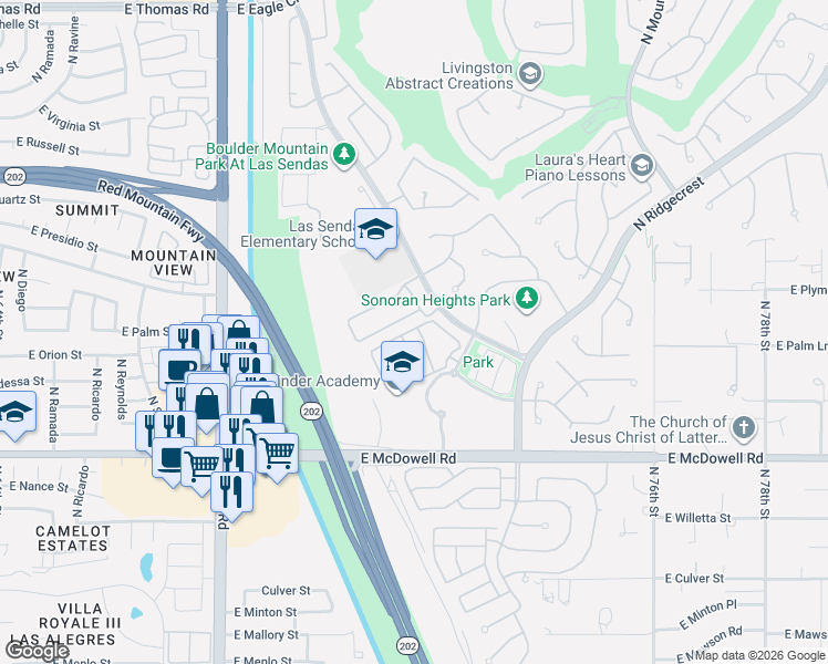 map of restaurants, bars, coffee shops, grocery stores, and more near 3030 North Sonoran Hills in Mesa