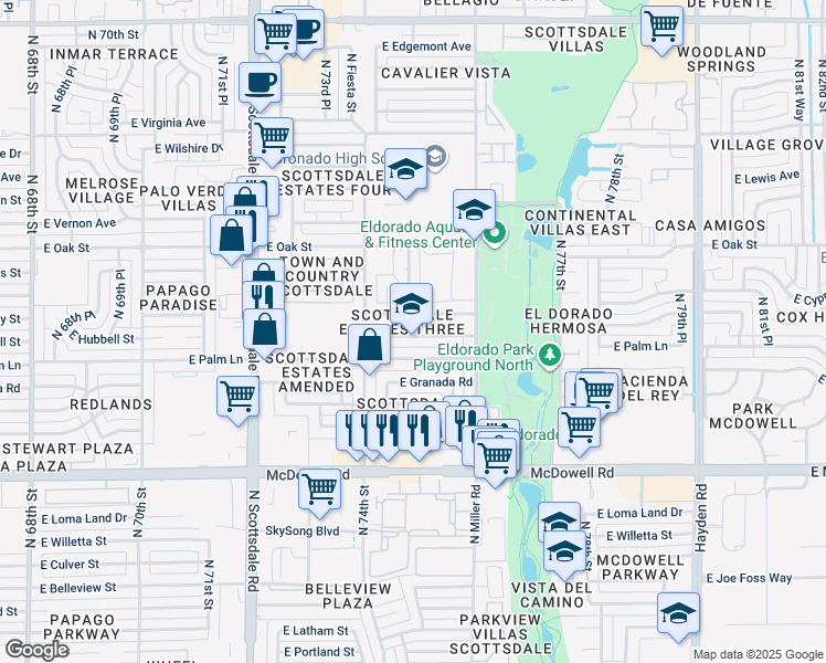 map of restaurants, bars, coffee shops, grocery stores, and more near 7440 East Hubbell Street in Scottsdale