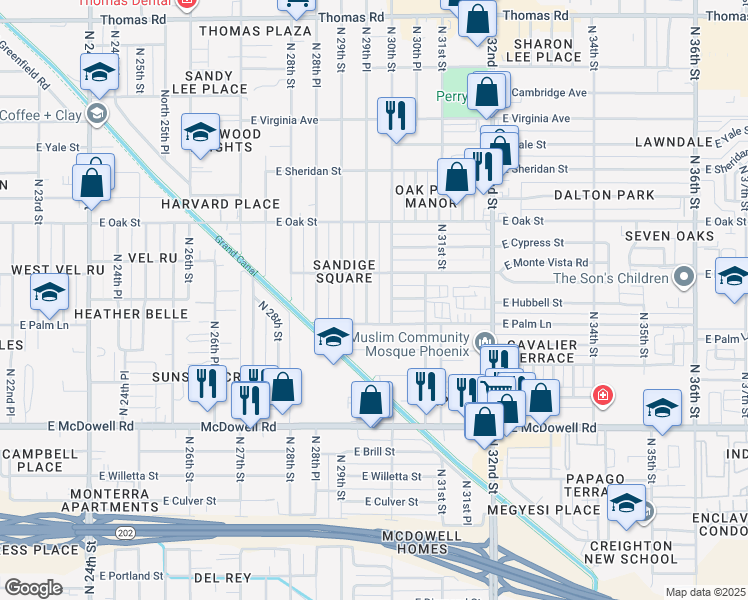 map of restaurants, bars, coffee shops, grocery stores, and more near 2042 North 29th Place in Phoenix