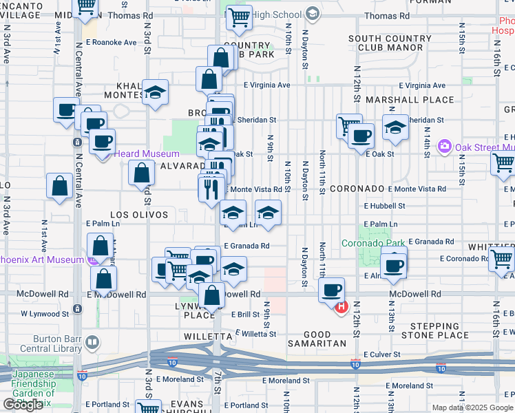 map of restaurants, bars, coffee shops, grocery stores, and more near 2046 North 9th Street in Phoenix