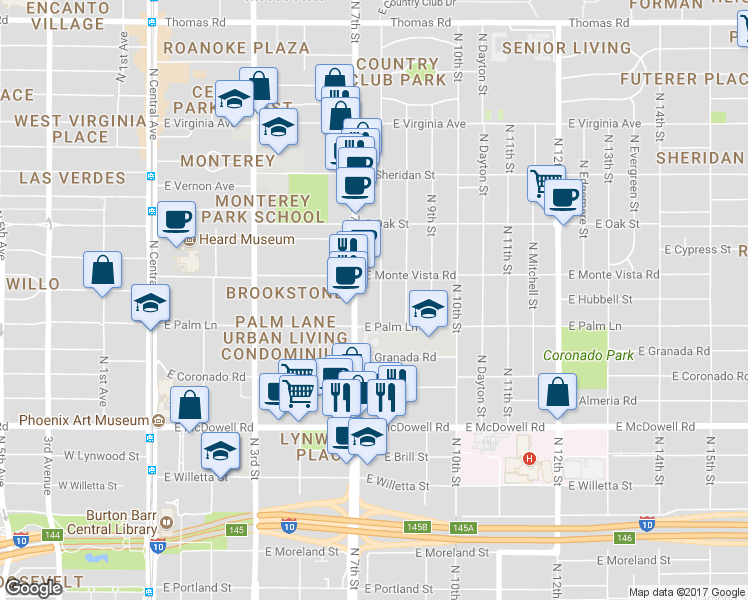 map of restaurants, bars, coffee shops, grocery stores, and more near 593 East Monte Vista Road in Phoenix
