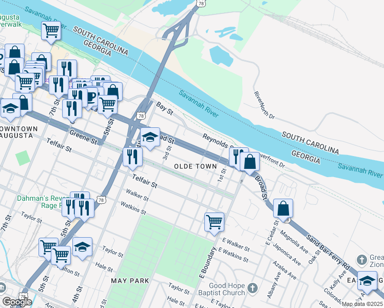 map of restaurants, bars, coffee shops, grocery stores, and more near 231 Broad Street in Augusta