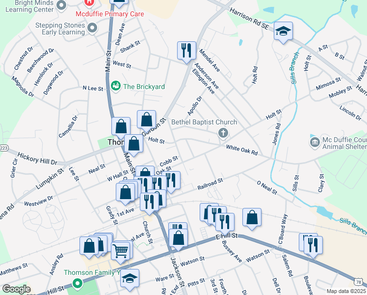 map of restaurants, bars, coffee shops, grocery stores, and more near 316 Cleveland Street in Thomson