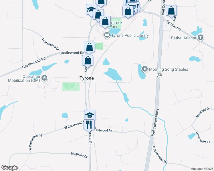 map of restaurants, bars, coffee shops, grocery stores, and more near 123 Valleywood Road in Tyrone