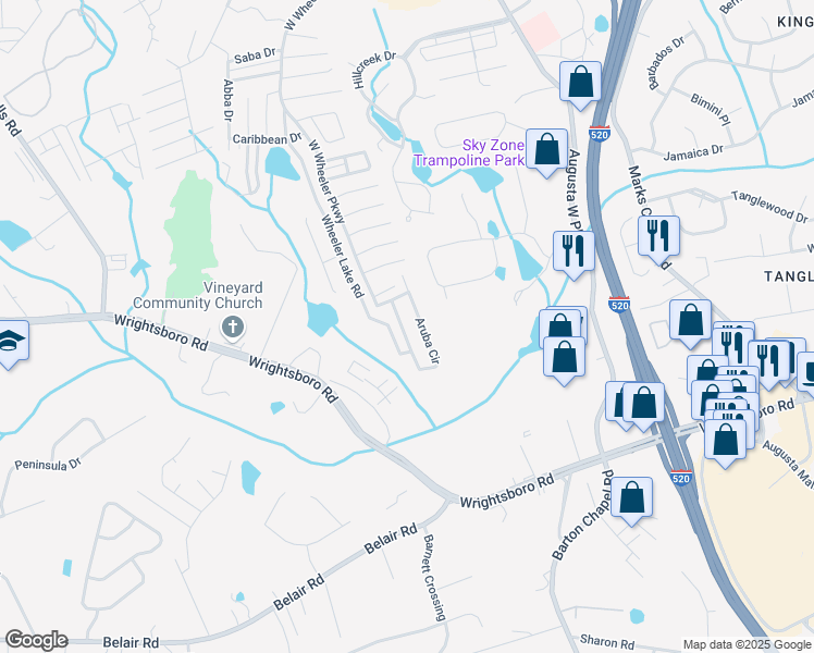 map of restaurants, bars, coffee shops, grocery stores, and more near 5184 Aruba Circle in Augusta