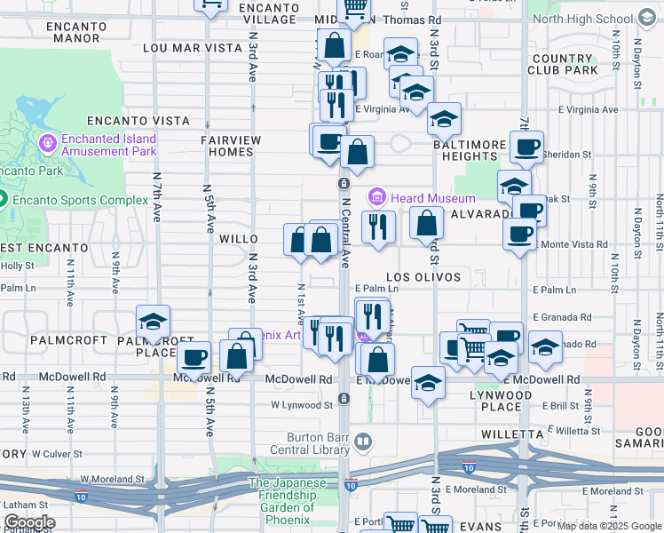 map of restaurants, bars, coffee shops, grocery stores, and more near 2110 North Central Avenue in Phoenix