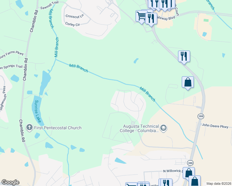 map of restaurants, bars, coffee shops, grocery stores, and more near 5118 Heathbrook Dr in Grovetown