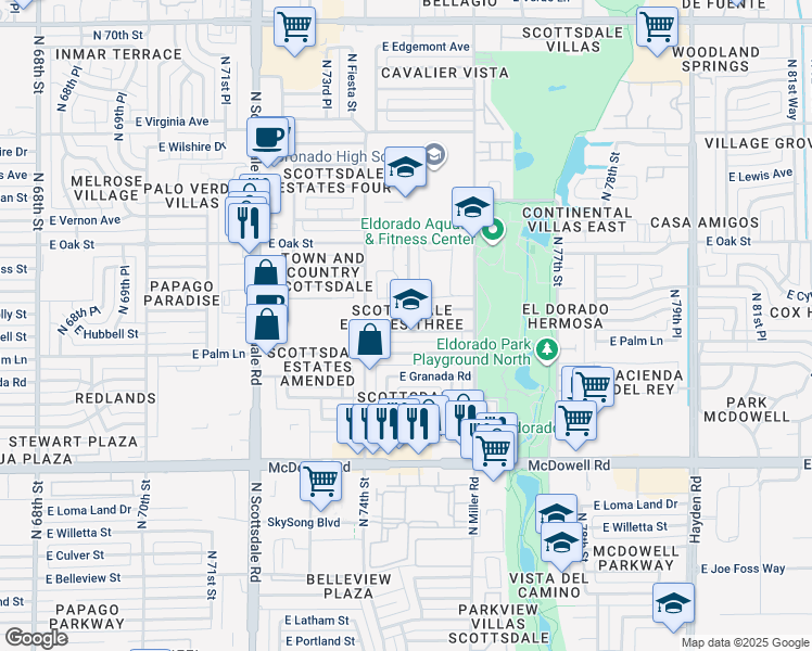 map of restaurants, bars, coffee shops, grocery stores, and more near 7440 East Hubbell Street in Scottsdale