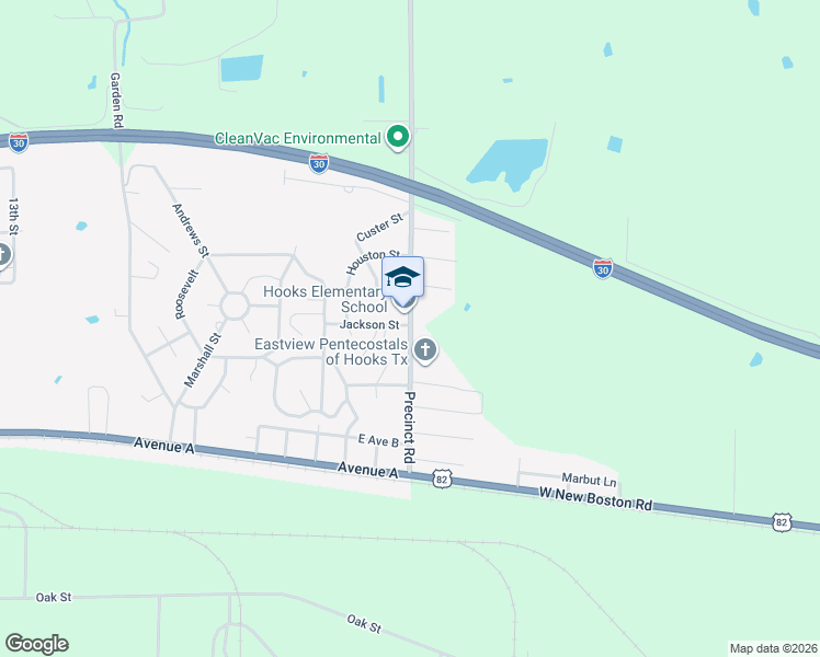 map of restaurants, bars, coffee shops, grocery stores, and more near 401 Precinct Road in Hooks