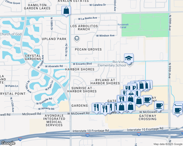 map of restaurants, bars, coffee shops, grocery stores, and more near 10521 West Alvarado Road in Avondale