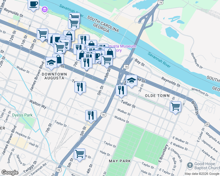 map of restaurants, bars, coffee shops, grocery stores, and more near 431 Greene Street in Augusta