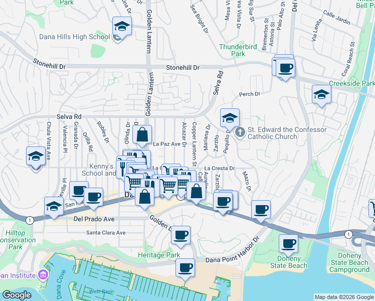 map of restaurants, bars, coffee shops, grocery stores, and more near 33896 Alcazar Drive in Dana Point