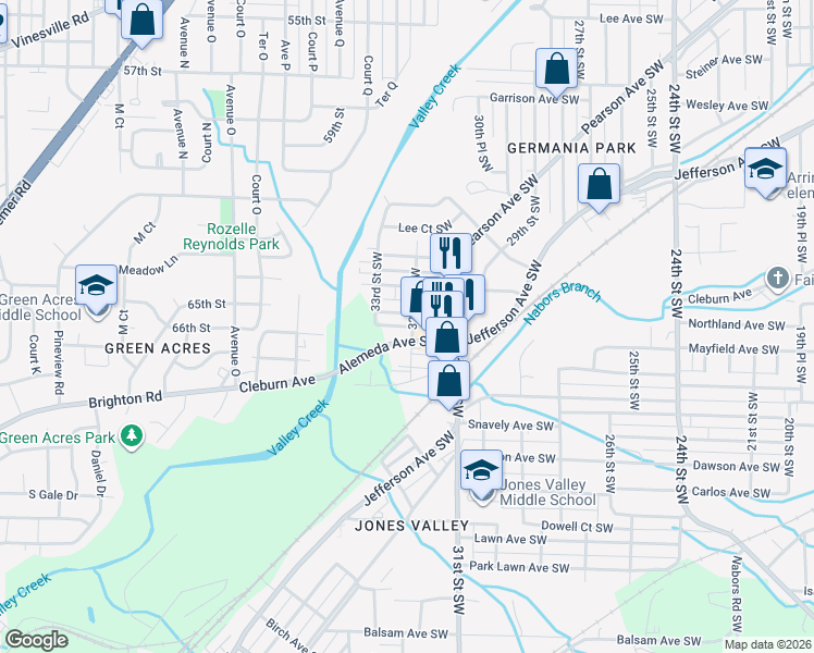 map of restaurants, bars, coffee shops, grocery stores, and more near 3126 Beulah Avenue Southwest in Birmingham