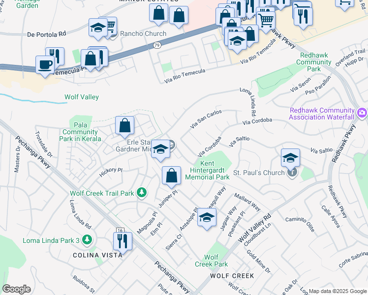 map of restaurants, bars, coffee shops, grocery stores, and more near 45129 Via Quivera in Temecula
