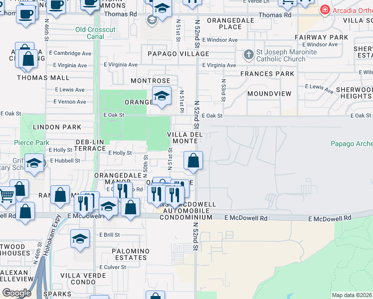 map of restaurants, bars, coffee shops, grocery stores, and more near 5161 East Monte Vista Road in Phoenix