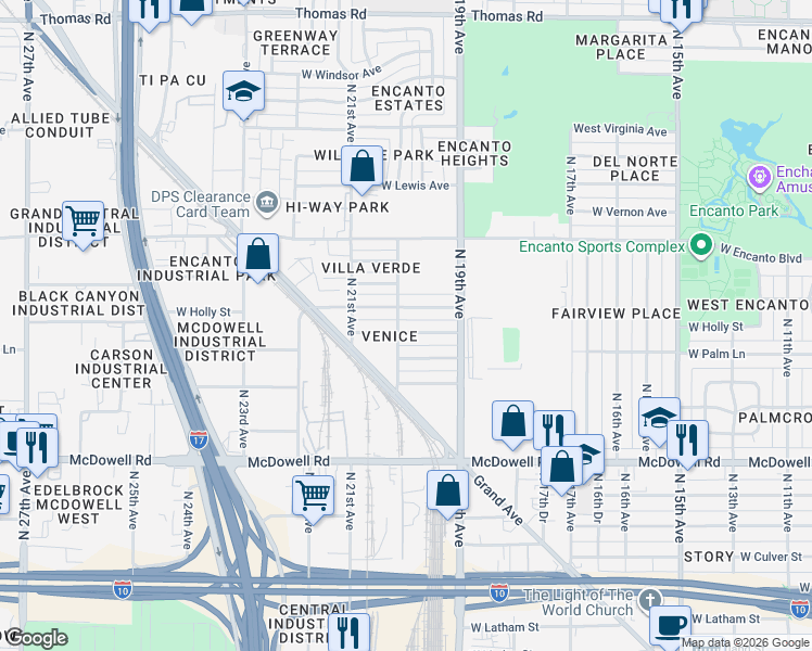 map of restaurants, bars, coffee shops, grocery stores, and more near 2002 West Monte Vista Road in Phoenix