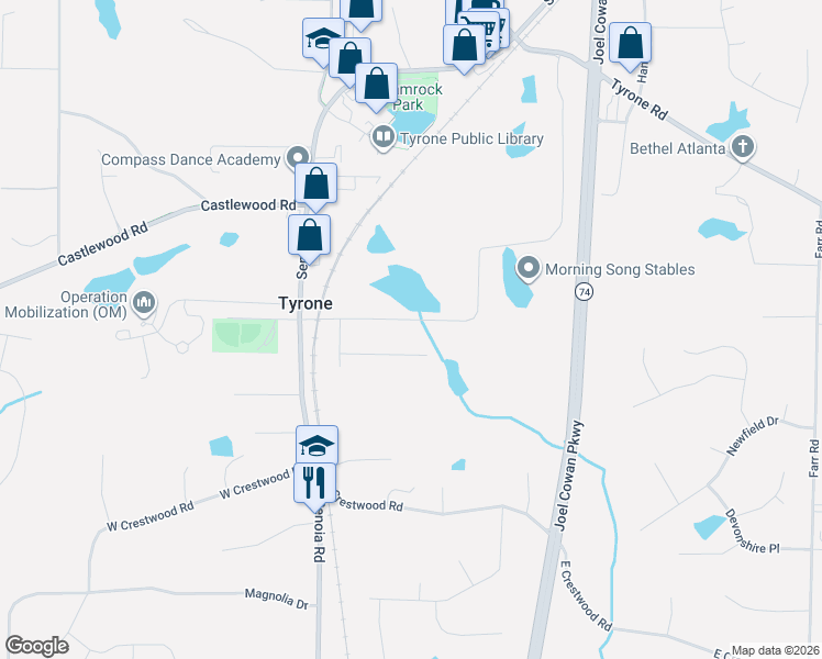 map of restaurants, bars, coffee shops, grocery stores, and more near 129 Valleywood Road in Tyrone