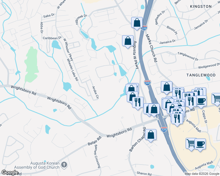 map of restaurants, bars, coffee shops, grocery stores, and more near 1020 Amli Way in Augusta