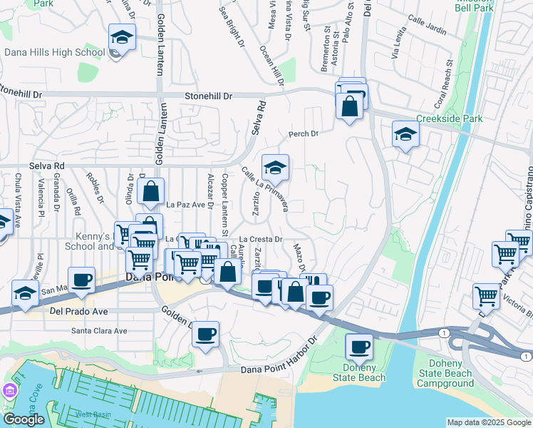 map of restaurants, bars, coffee shops, grocery stores, and more near 33891 Pequito Drive in Dana Point