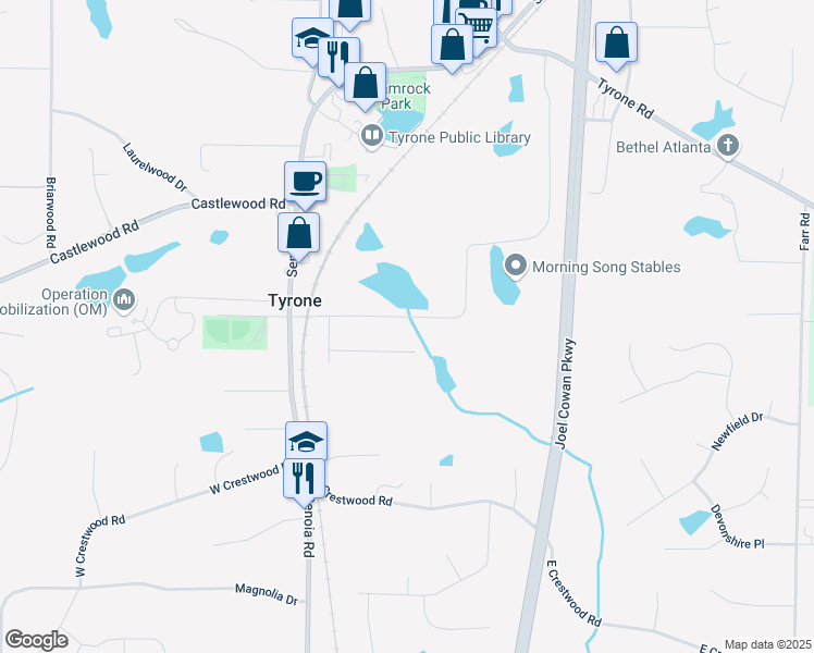 map of restaurants, bars, coffee shops, grocery stores, and more near 131 Valleywood Road in Tyrone