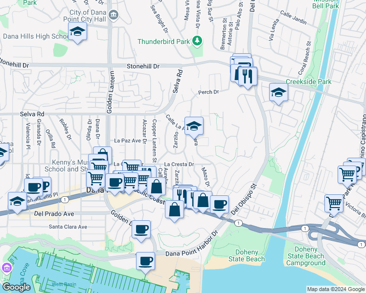 map of restaurants, bars, coffee shops, grocery stores, and more near 33891 Pequito Drive in Dana Point