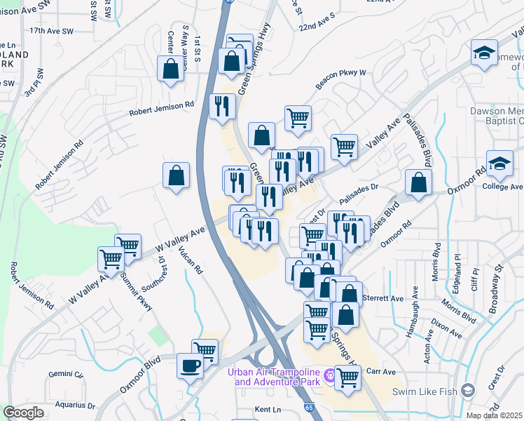 map of restaurants, bars, coffee shops, grocery stores, and more near 100 Green Springs Highway in Birmingham