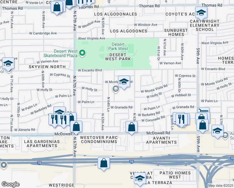 map of restaurants, bars, coffee shops, grocery stores, and more near 2043 North 64th Drive in Phoenix