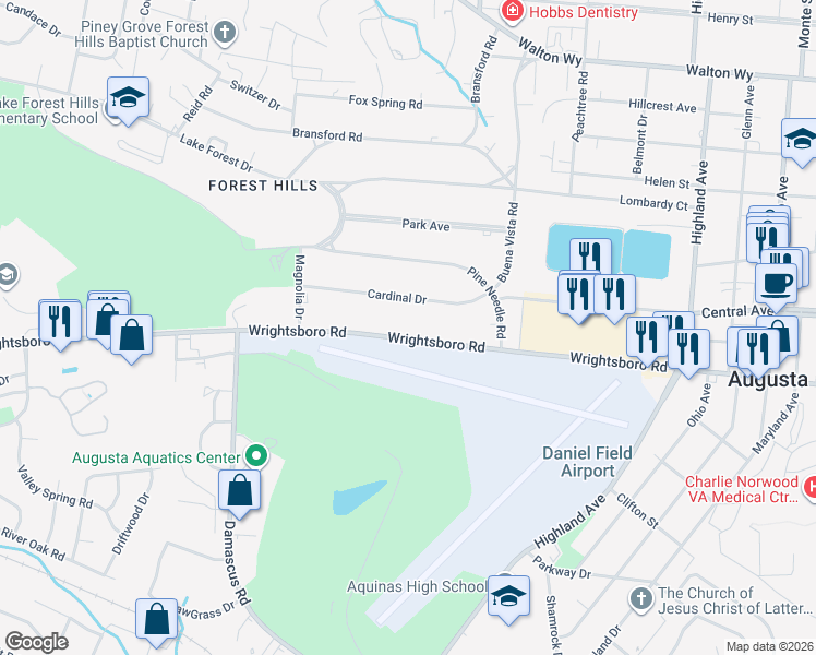 map of restaurants, bars, coffee shops, grocery stores, and more near 3018 Cardinal Drive in Augusta